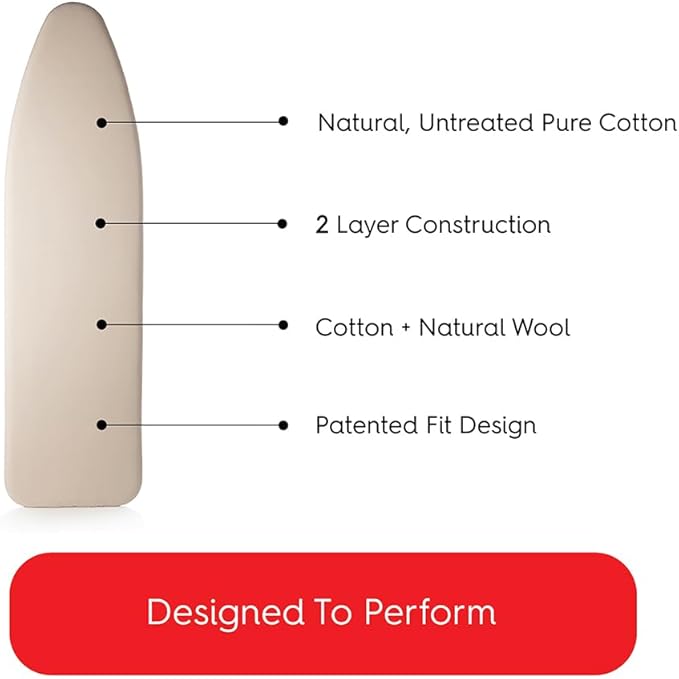 TIVIT Ironing Board Cover for Bartinelli Classic Ironing Board, 43x13, Ecotek Chemical Free Eco-Friendly Wool Padded Cover, Fastener Straps, Elastic Pull Bungee Cord, Made in Italy