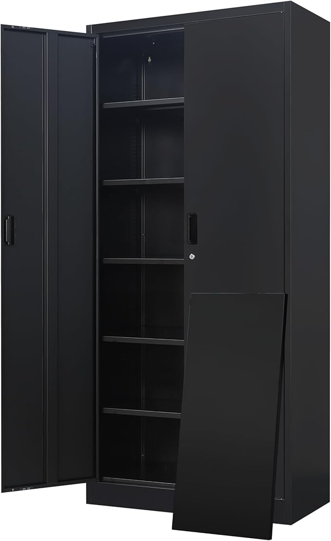 Metal Garage Storage Cabinets，71” Tall Metal File Cabinet with 5 Adjustable Shelves, Lockable Storage Cabinets for Office, Home, Garage, Warehouse 71" H x 31.5" W x 15.8" D (Black)