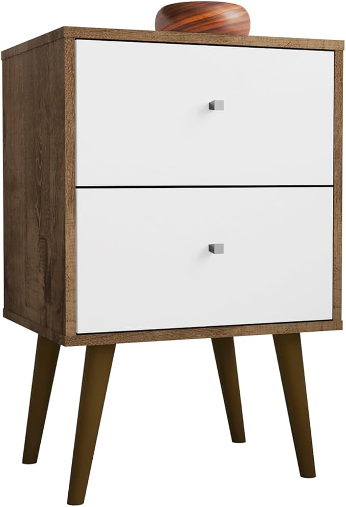 Manhattan Comfort Liberty Mid Century Modern Nightstand with Drawers, Bedside Table for Bedroom and Living Room, Night Stand Accent Decor, Easy Assembly, Brown/White