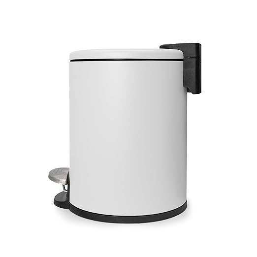 ACENTO 1.3 Gal Round Bathroom Trash Can with Lid – Stainless Steel Small Trashcan with Soft Close Pedal & Removable Liner – Compact Waste Bin for Bathroom, Bedroom, Dorm, Office – Matte White