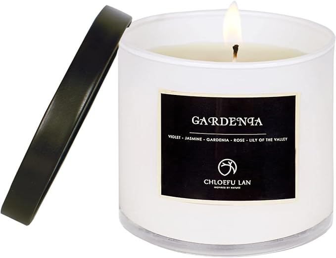 Chloefu LAN Premium Gardenia Scented Candle for Men & Women, Highly Scented, 7.1oz|45 Hour Long Lasting, All Natural Soy Candles, Home Decor, White Glass Jar Candle with Gift Box