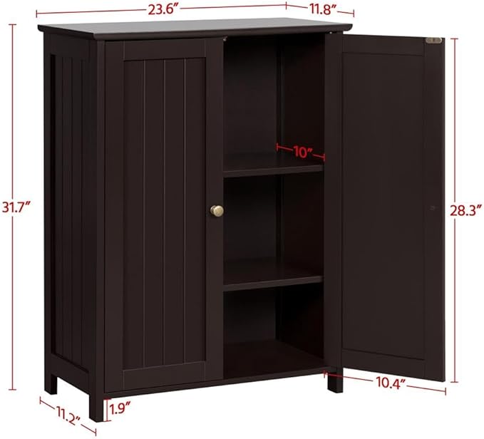 Yaheetech Bathroom Floor Cabinet, Modern Storage Freestanding Organizer Cabinet with Adjustable Shelves & Double Doors, 3-Tier Home Living Room Furniture, Espresso