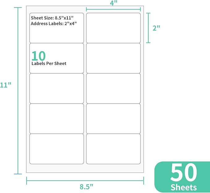 50 Sheets 10 Up Labels, 2" x 4" Sticker Printer Paper for Laser/Inkjet Printer, Mailing Blank Labels, Self Adhesive Customized Stickers