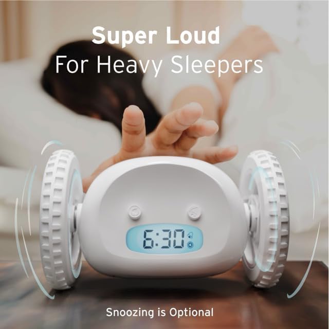 CLOCKY Extra Loud Alarm Clock for Heavy Sleepers on Wheels Rolls Runs Away Vibrating, Easy to Set Super Smart Snooze Digital Bed Shaker Alarm Clock Funny Gift for Adults Kids Teens Bedrooms (White)