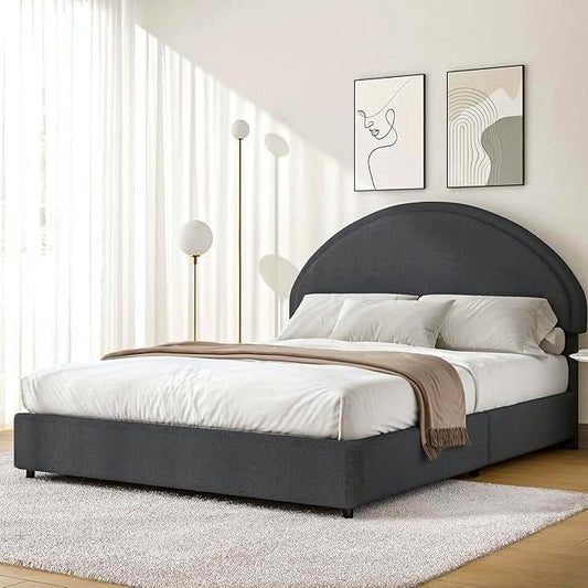 Full Size Bed Fram, Upholstered Platform Bed with Headboard, Boucle Bed Frame with Round Conne, No Box Spring Required, Easy Assembly, Dark Grey