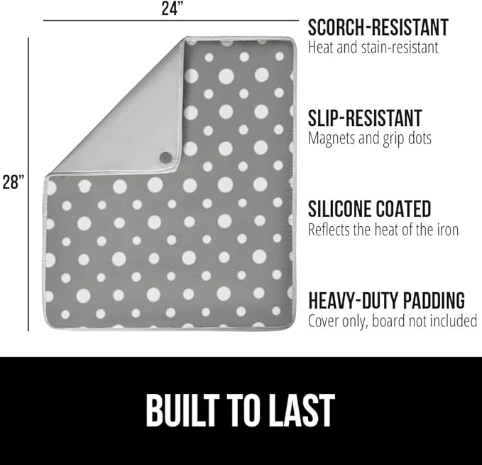 GORILLA GRIP Ironing Mat, Portable Iron Pad, Magnetic Cover and Padding for Top of Washer, Dryer, Tabletop, Countertop, Silicone Coating and Scorch Resistant, Travel Size 28 x 24 in, Dots