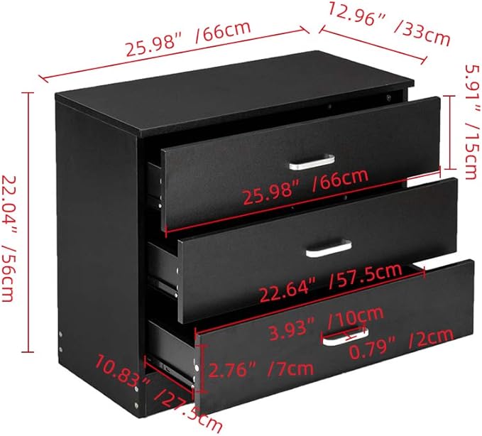 Black Night Stand, Bedside Table/Nightstand with 3 Drawers, Compact Side Table for Bedroom, College Dorm & Living Room, Wooden End Table Bedroom