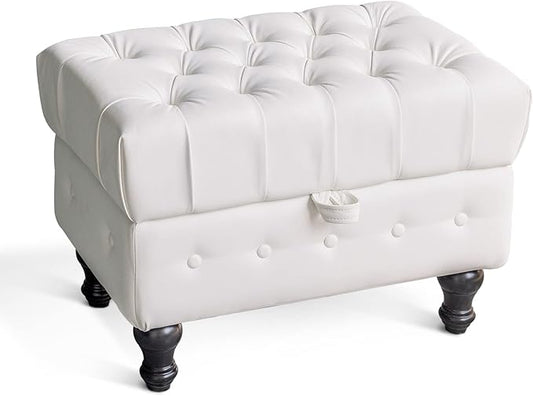 Artechworks Coffee Table Ottoman with Storage,Button Tufted PU Leather Upholstery Footstool Bed Ottoman for Living Room, Home Office, Space-Saving Storage Toy Box Stool, White
