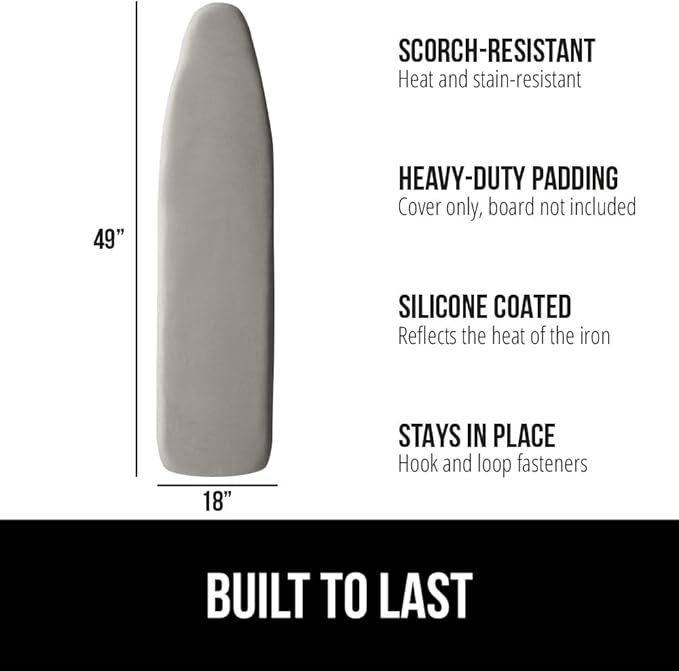 The Original GORILLA GRIP Ironing Board Cover and Pad, Silicone Coating, Thick Scorch Resistant Padding, Heavy Duty Iron Covers Standard Boards, Hook and Loop Fastener Strap, Silver 18x49