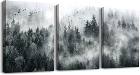 Canvas Wall Art For Living Room Modern Wall Decorations For Bedroom Foggy Forest Trees Landscape Wall Painting Office Wall Decor Canvas Prints Home Decor Ready To Hang Wall Pictures 16"X24"X3 Panels