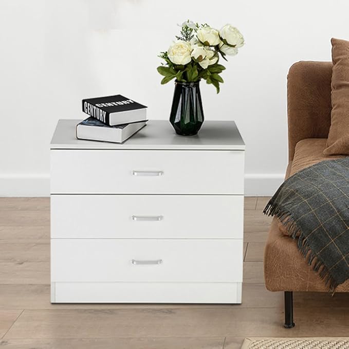 White Night Stand, Bedside Table/Nightstand with 3 Drawers, Compact Side Table for Bedroom, College Dorm & Living Room, Wooden End Table Bedroom