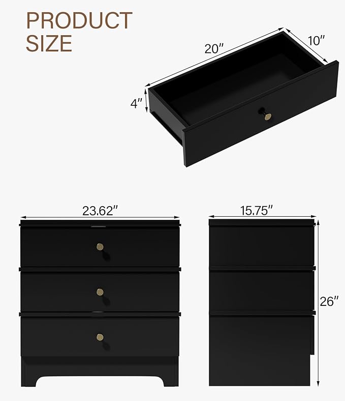 3 Drawer Nightstand with Charging Station,24" Farmhouse Night Stand, Small Chest of Drawers, Wood Bedside Table Cabinet for Bedroom, Living Room, Hallway, Black