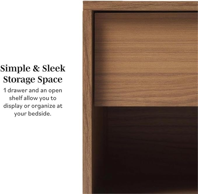 Walker Edison Mid Century Modern 1-Drawer Nightstand Bedroom Storage Drawer and Shelf Bedside End Table, 21 Inch, Mocha