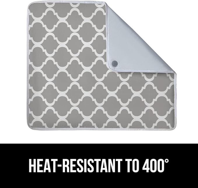 GORILLA GRIP Ironing Mat, Portable Iron Pad, Magnetic Cover and Padding for Top of Washer, Dryer, Tabletop, Countertop, Silicone Coating and Scorch Resistant, Travel Size 28x24, Quatrefoil Gray White