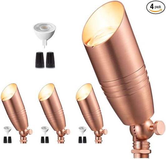 Brass Landscape Lighting - Low Voltage Spotlights Outdoor LED, 12V Wired Uplights, Waterproof Spot Lights, Copper for Outside Trees with 5W 5000K Daylight MR16 Bulb (4 Pack)