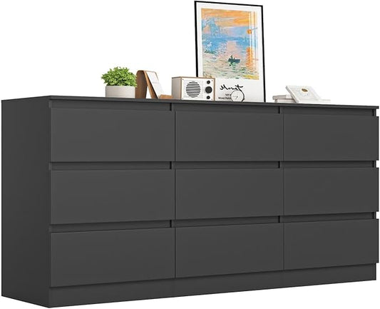 Black Dresser for Bedroom, Modern Long 9 Drawer Dresser with Deep Drawer, Wide Wood Storage Chest of Drawer for Living Room