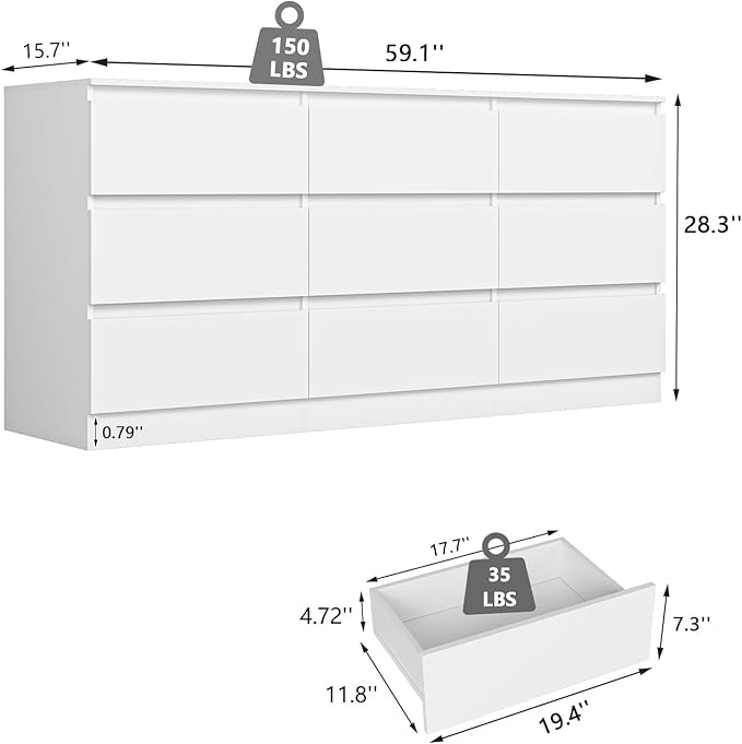 White Dresser for Bedroom, Long 9 Drawer Dresser with Deep Drawer,Modern Wide Wood Storage Chest of Drawer, Bedroom Storage Furniture,TV Stand for Living Room
