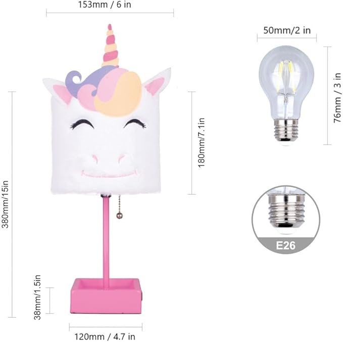 Table Lamp Cute Unicorn Plush Shade Desk Lights for Gifts with 2 USB Charging Ports and 1 Power Outlet for Bedroom Reading & Living Room
