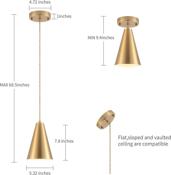 Brass Pendant Lights Kitchen Island,Gold Dining Room Light Fixtures Over Table with Cone Metal Shade, Modern Vintage Mini Chandeliers,Adjustable Cord Hanging Lighting for Bar,Sink.(1 Pack)