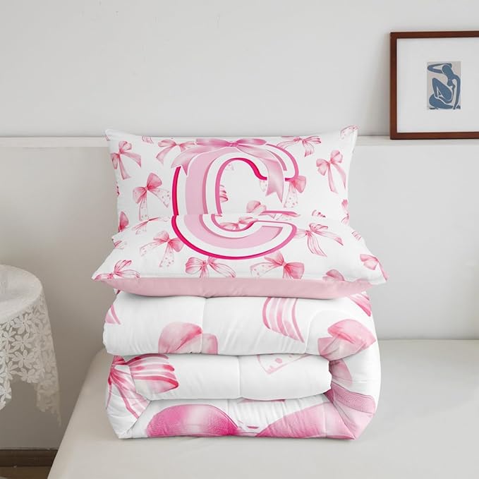 jejeloiu Kids Girls Cute Pink Bow Comforter Set King Size Coquette Bow Knot Bedding Set Ultra Soft Personalized Initial C Duvet Quilt Monogrammed Quilt Set Room Decor Modern Fashion Comforter