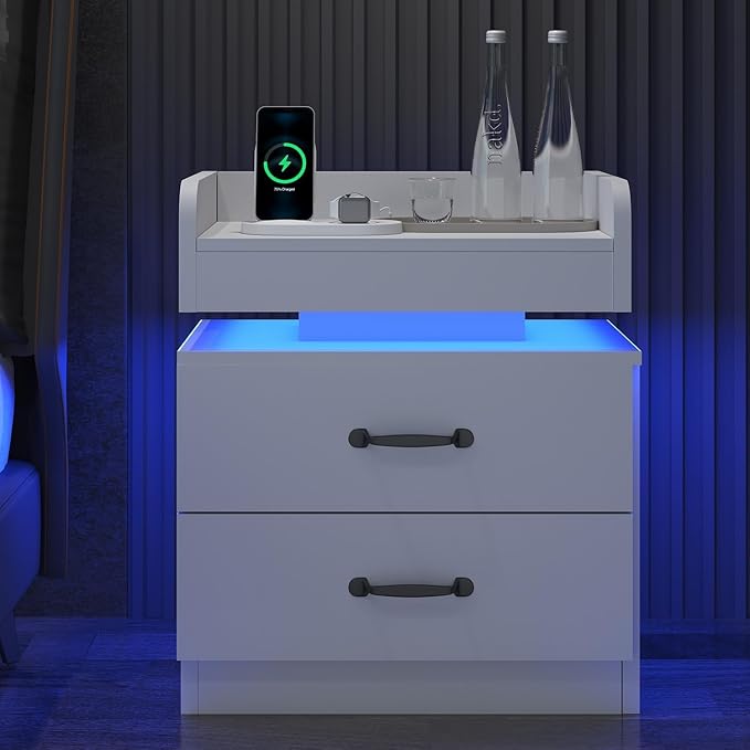 Nightstand with Charging Station, Night Stand with LED Lights Set of 2, Modern LED End Table, Nightstand Set of 2, Night Stand with 2 Drawers, Bed Side Table with Storage for Bedroom, White