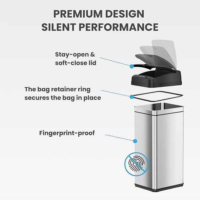 iTouchless 13 Gallon Kitchen Trash Can with Lid & Odor Filter – Motion Sensor Stainless Steel Garbage Bin for Home, Office, or Garage – Slim, Large Capacity Design