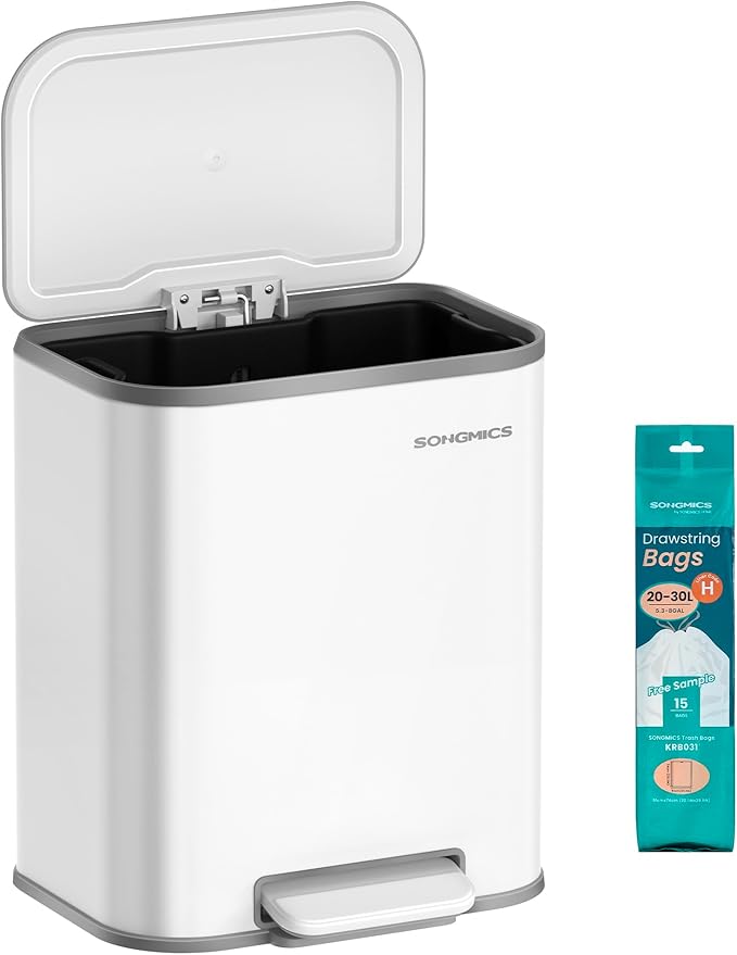 SONGMICS Kitchen Trash Can, 5.2-Gallon (20L) Garbage Can with Lid, Stainless Steel, Soft Close and Stays Open, Inner Bucket, Wide Non-Slip Pedal, Cloud White ULTB542W20