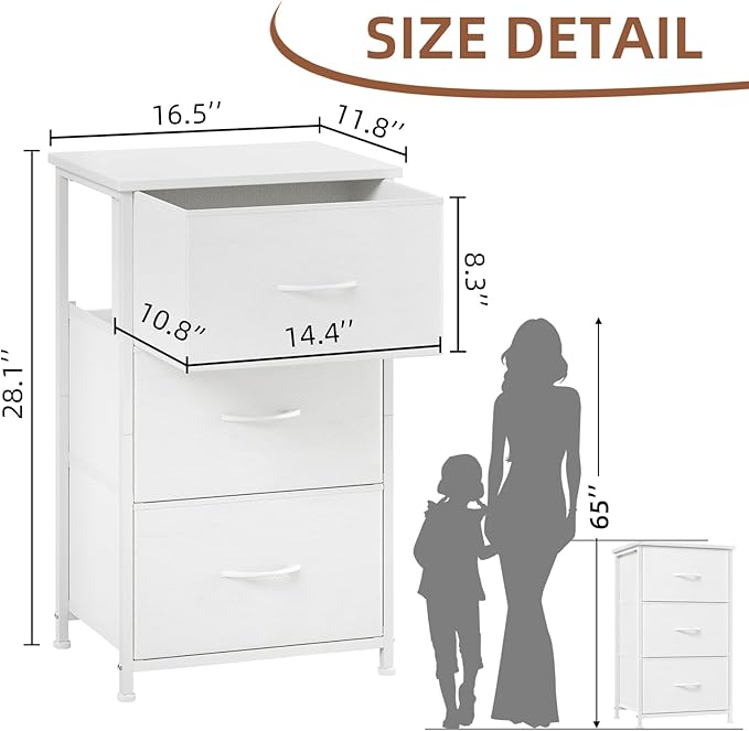 Somdot Small Dresser for Bedroom with 3 Drawers, Nightstand Storage Chest of Drawers with Removable Fabric Bins for Closet Bedside Living Room Laundry Entryway Hallway, White Leather