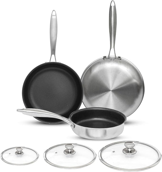 AUDANNE Nonstick Frying Pan Set Stainless Steel with Lid 6 Piece, 8 inch &10 inch & 12 inch Non Stick Fry Skillet PFOA Free, Oven Safe Non-stick Teflon Coated Induction Cooking Kichen Cookware