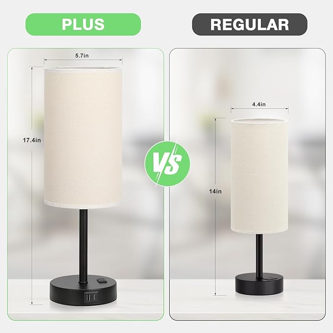 Tall Touch Bedside Table Lamp with USB - 3 Way Dimmable Black Lamps for Bedroom Nightstand, Desk Lamp with Black Charging Station for Dorm, Office, Kids Room