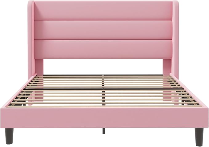SHA CERLIN Full Size Velvet Bed Frame/Vertical Channel Tufted Wingback Headboard/Upholstered Platform Bed with Wooden Slats/Mattress Foundation/No Box Spring Needed/Easy Assembly/Pink