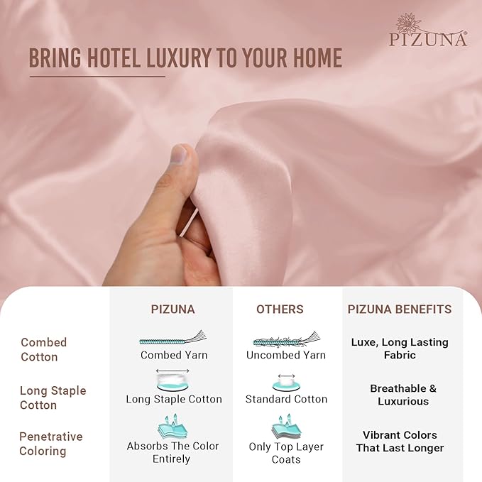 Pizuna 100% Cotton Queen 3 Pc Duvet Cover + 1 Pc Fitted Sheet Set 400 Thread Count Light Pink Sateen Weave Luxurious Long Staple Cotton 4 Piece Bedding Set-1 Duvet Cover,2 Pillow Shams,1 Fitted Sheet