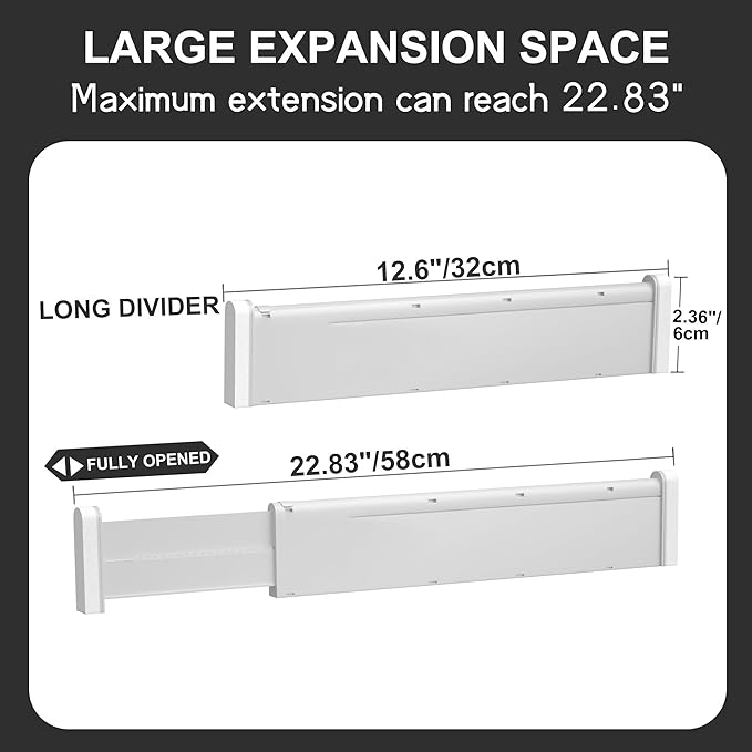 HiYZ Expandable Drawer Dividers - 12.6-22.8'' Adjustable Drawers Organizers for Kitchen Utensils, Drawer Separators in Bedroom, Dresser, Office, Bathroom, Fridge, 8 Pack Long Dividers-Gray