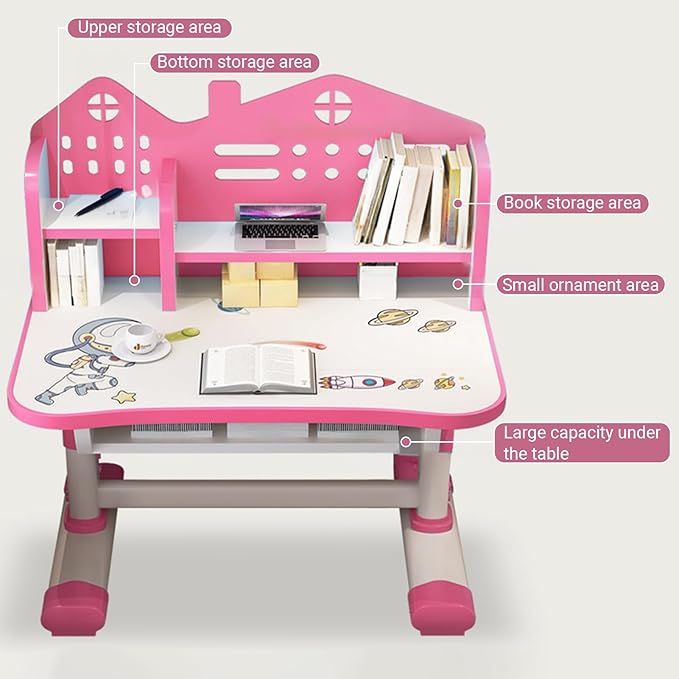 Small Standing Desk and Chair Set - Widened Desktop With Multi Separation Cartoon Pattern, Kids Adjustable Height Study Table With Drawer (Pink)