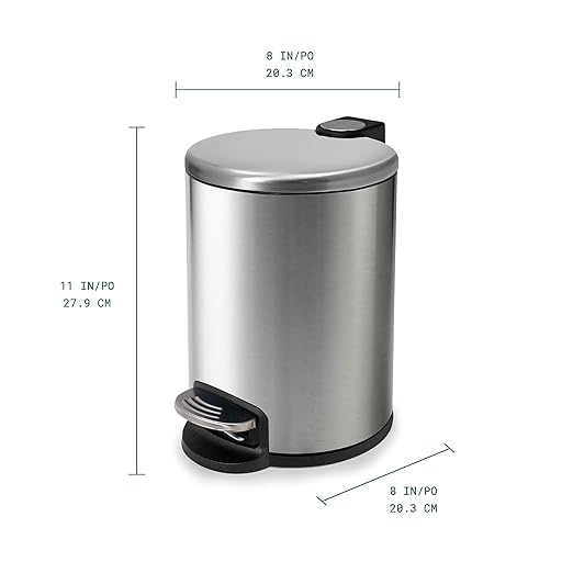 ACENTO 1.3 Gal Round Trash Can with Lid – Stainless Steel Small Trashcan with Soft Close Pedal & Removable Liner – Compact Waste Bin for Bathroom, Bedroom, Dorm, Office – Brushed Stainless Steel