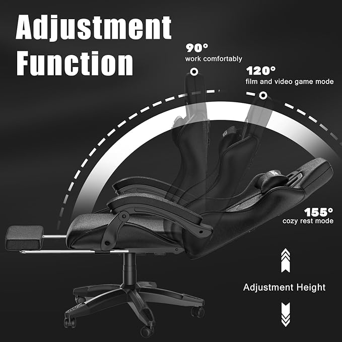 Gaming Chair with Footrest, High Back Ergonomic Computer Gamer Chair with Headrest and Lumbar Support, Racing Style Reclining Game Chair for Adults, Kids (Dark Black)