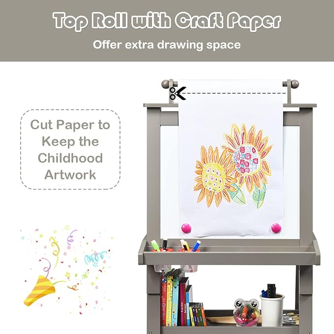 Costzon Kids Art Easel, 3 in 1 Double-Sided Wooden Easel w/Magnetic Whiteboard, Chalkboard & Paper Roll, 2-Tier Rack w/ 2 Storage Boxes, Standing Easel for Kids, Toddlers, Boys, Girls (Grey)