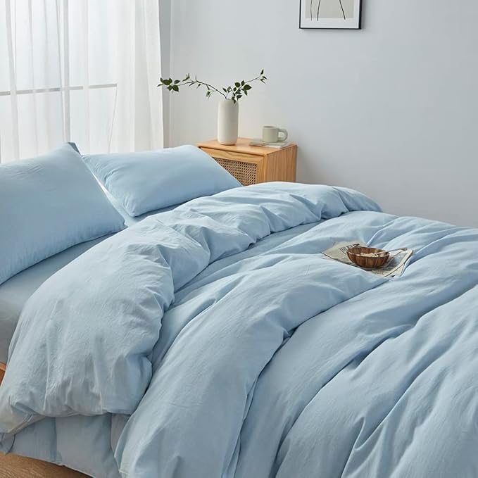 FACE TWO FACE Bedding Duvet Cover Set100% Washed Cotton Duvet Cover Linen Like Textured Breathable Durable Soft Comfy (Queen, Light Cyan)