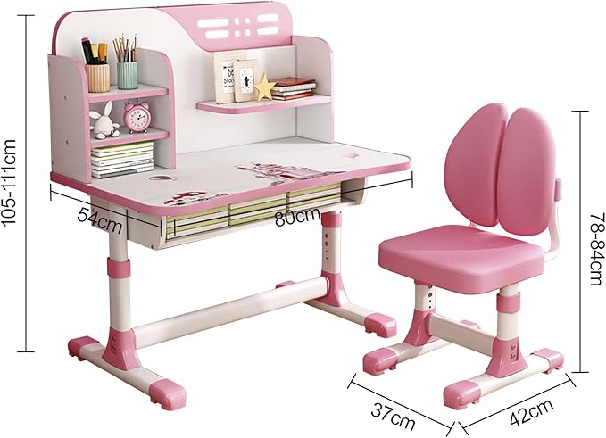 Small Desk, Standing Desk, Desk Chair Set, Height Adjustable Children School Study Table Chair Set with Astronaut Pattern, Ergonomic Desk Chair with Large Writing Board, Bookshelf and Drawer (Pink)