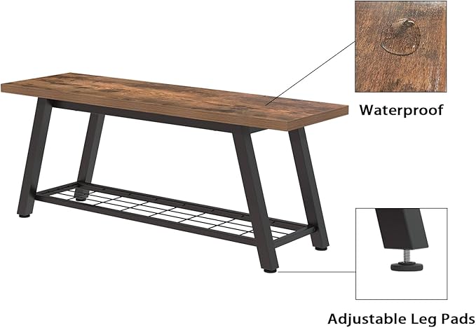 Storage Bench Industrial Rustic Wooden and Metal Entryway Shoe Boots Storage Rack Long Bench Seat for Hallway Bedroom Retro Brown Farmhouse Style