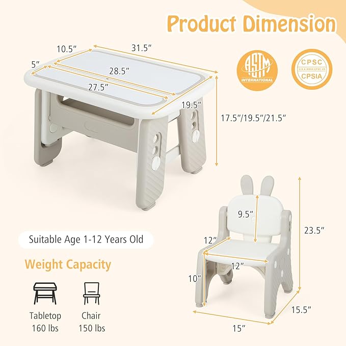 Costzon Kids Table and Chair Set, Graffiti Activity Table w/Flip-Top Tabletop Bookshelf, Erasable Magnetic Drawing Board, Storage, Adjustable Height for Drawing, Toddlers Art Table & Chair (Gray)