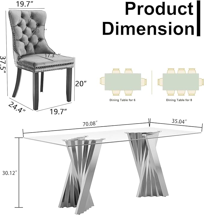 Goujxcy 70" Glass Dining Table Set for 4, Modern Silver Dining Table Set with 4 Grey Velvet Upholstered Dining Chairs, 5 Piece Kitchen Dining Room Table Set with Stainless Steel Legs
