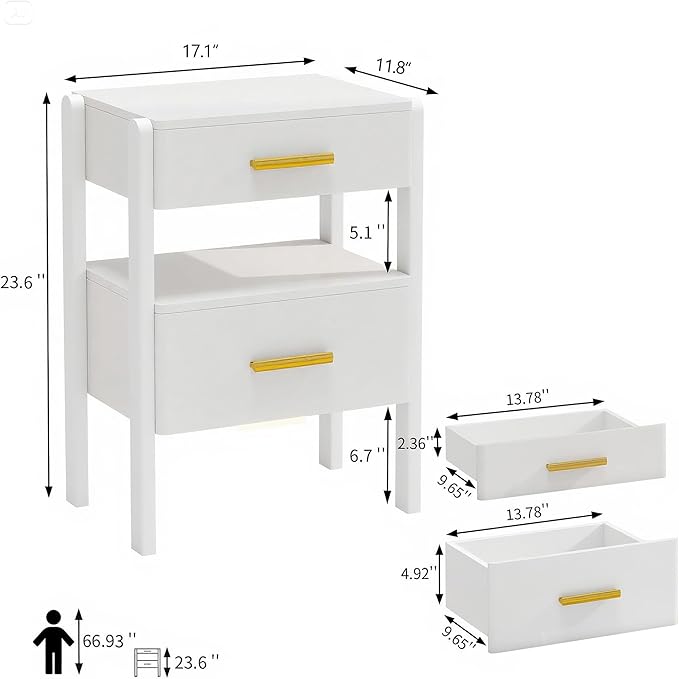 Nightstand with 2 Drawers and Open Shelf Wood Bedside Table Gold Handles Storage Night Stand with Light for Bedroom, White