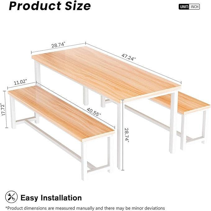 Recaceik Dining Room Table Set with 2 Benches, Kitchen Dining Table Set for 2-4 Person, Space Saving Kitchen Table and Chair Set with Metal Frame for Dining Room, Small Space, Breakfast Nook(Walnut)