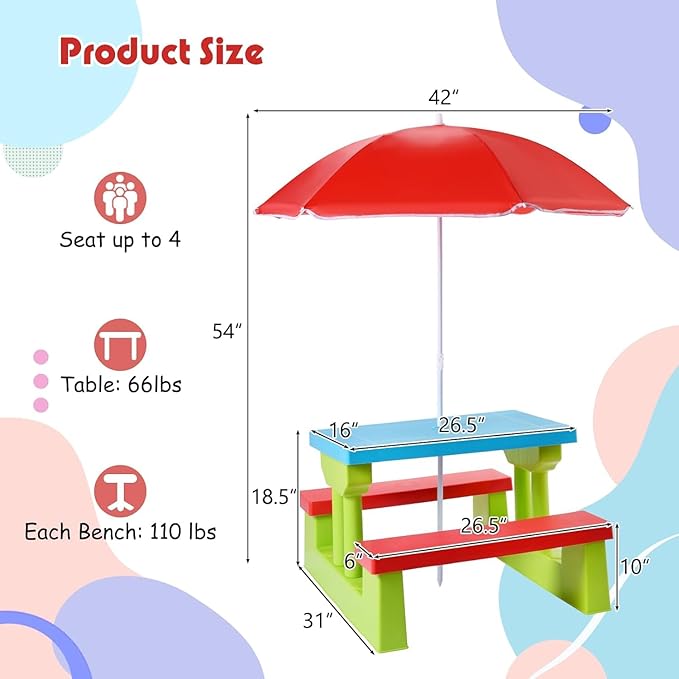 Kids Picnic Table, Toddler Picnic Table with Removable & Foldable Umbrella, Plastic Children Patio Furniture for Garden Backyard, Kids Outdoor Table, Red, Blue & Green