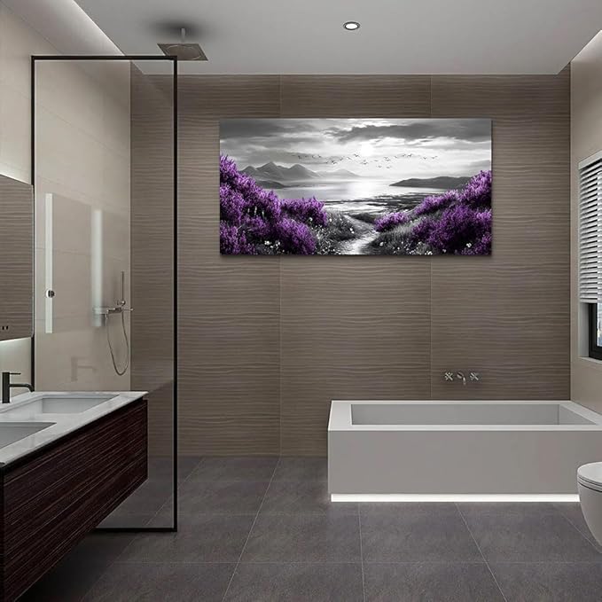 Canvas Wall Decor for Office Large Wall Art for Living Room Modern Bedroom Wall Decoration Purple Flowers Landscape Pictures Black and White Scenery Paintings Artwork Aesthetic Home Decor