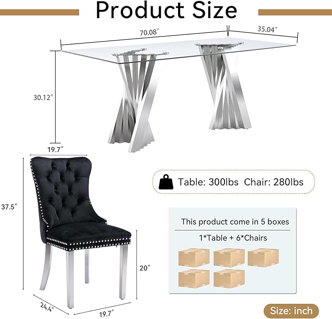 Goujxcy 70" Glass Dining Table Set for 6, Modern Silver Dining Table Set with 6 Black Velvet Upholstered Dining Chairs, 7 Piece Kitchen Dining Room Table Set with Stainless Steel Legs
