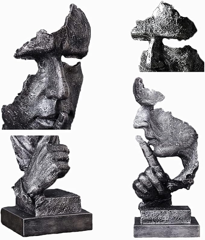 Silence is a Golden Statue Modern Mens Creative Office Home Room Decorations Sculpture Friends Bookshelf Decorative 4.7 x 4.3 x 13.18in(Silver) Modern Home Décor