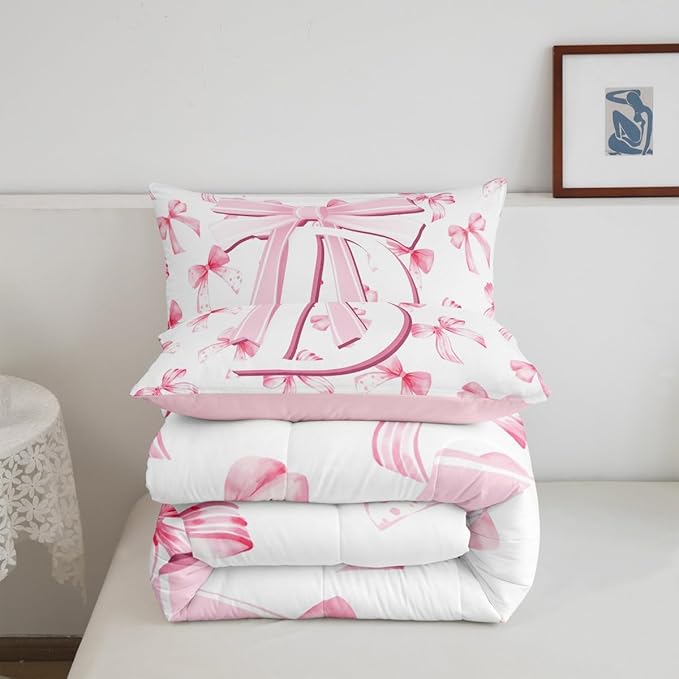 jejeloiu Kids Girls Cute Pink Bow Comforter Set Toddler Size Monogrammed Bedding Set Ultra Soft Personalized Initial D Duvet Quilt Coquette Bow Knot Quilt Set Room Decor Modern Fashion Comforter