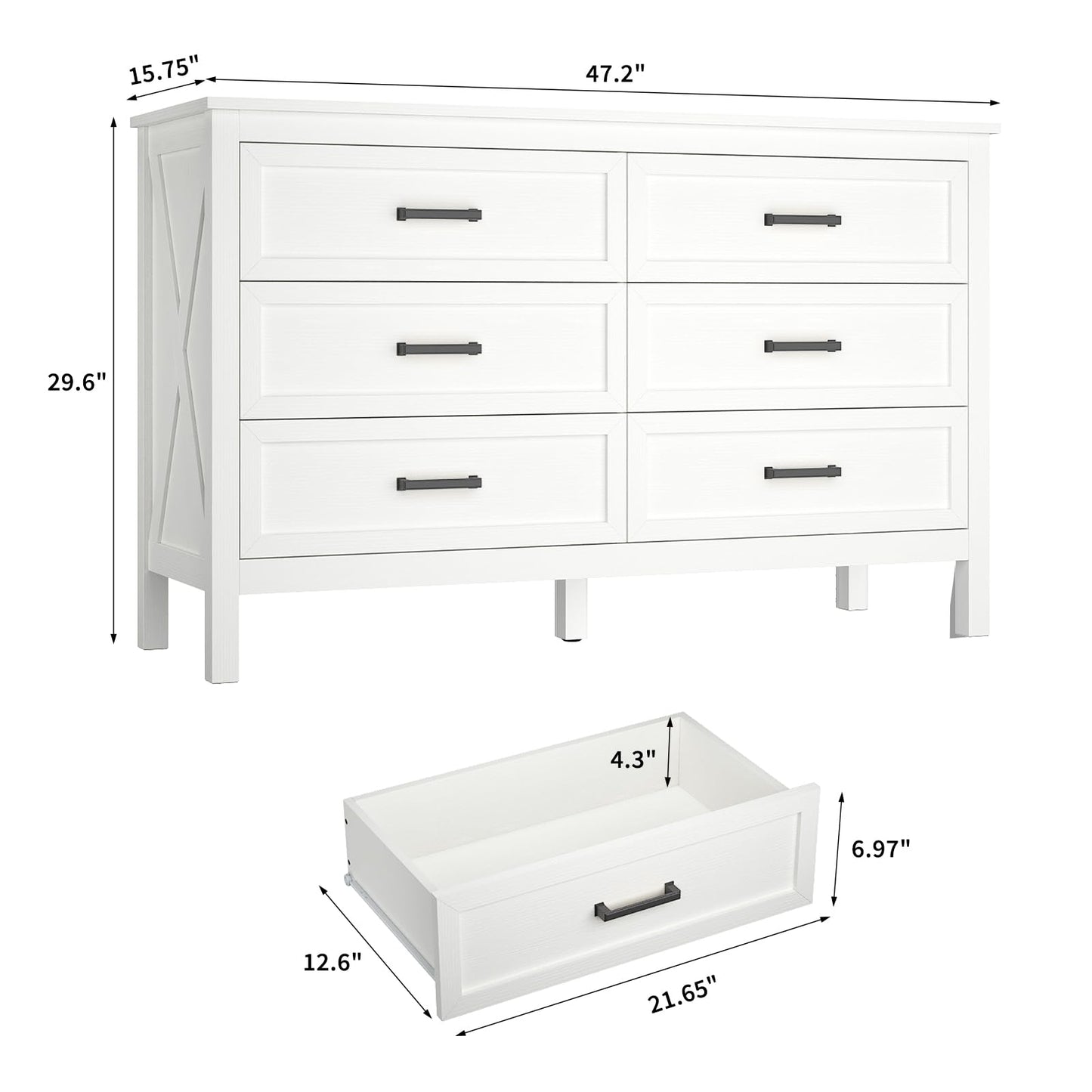 BAZELOR Farmhouse White 6 Drawers Dresser for Bedroom, Wood Rustic Wide Chest with Natural Texture, Storage Dressers Organizer for Bedroom, Hallway, Entryway